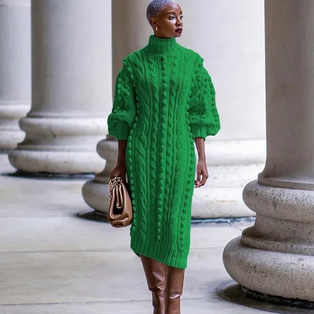 Autumn Women Long Sleeve Turtleneck Knitted Dress - Picture 6 of 8